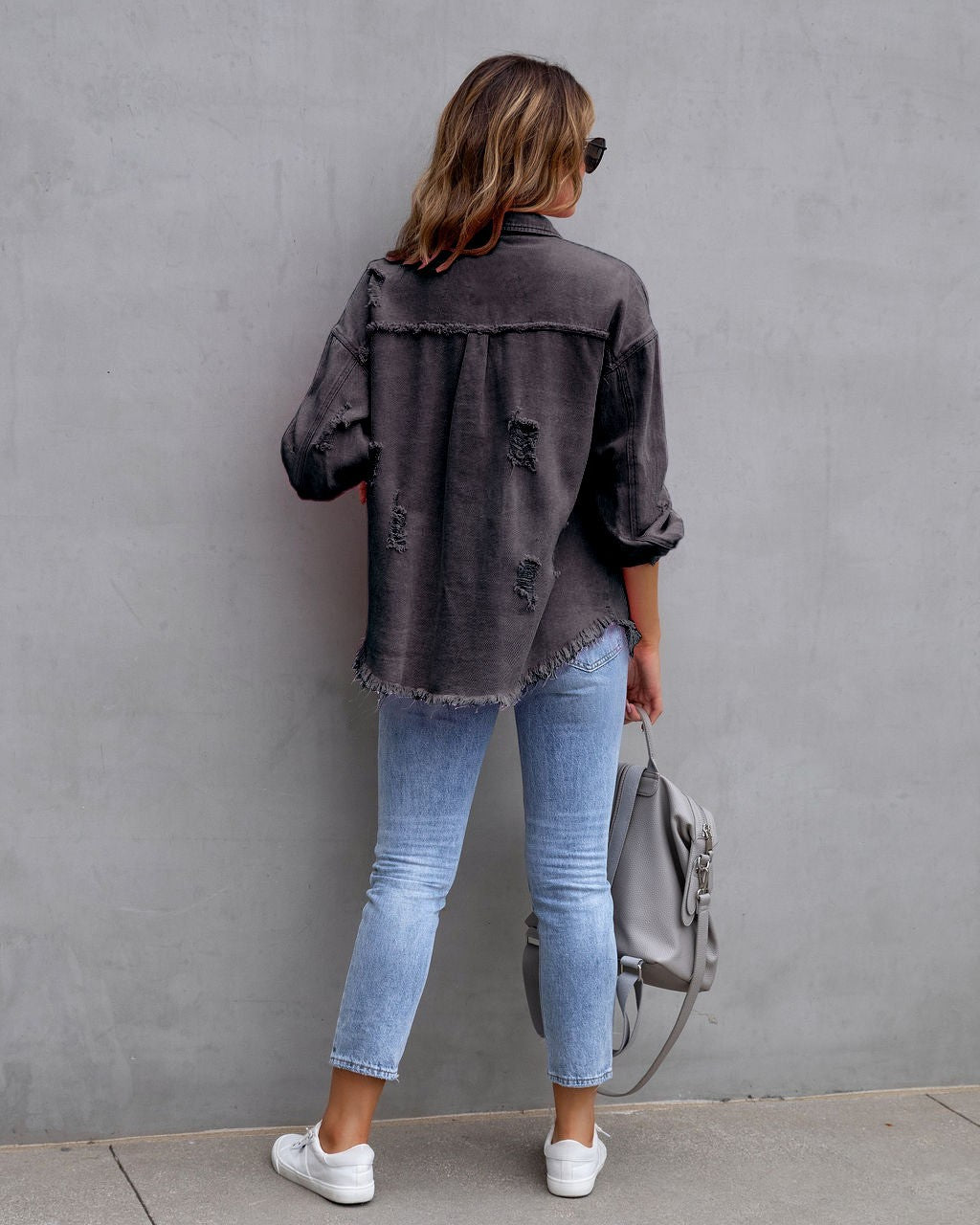 Autumn Winter Women's New Denim Jacket Fashion Grinding Edge Broken Hole Hollow Long Sleeve Single Breasted Casual Collar Top