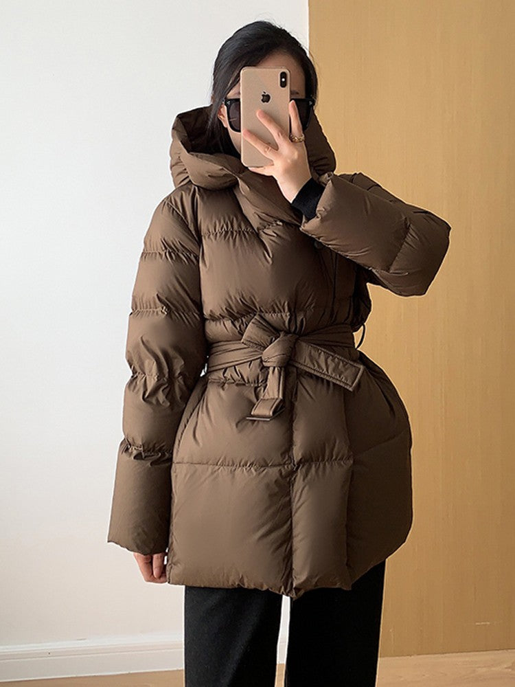 2025 Winter Women's Down Jackets Ultra Light Warm Cusual Coat Female Puffer Jacket With Belt Plus Size Hooded Short Parka