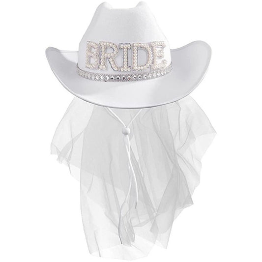Chapéu de Cowboy com Glitter para Despedida de Solteira de Cowgirl Véu de Noiva Bordado Casamento Country Western para Festa Disco Despedida de Solteira