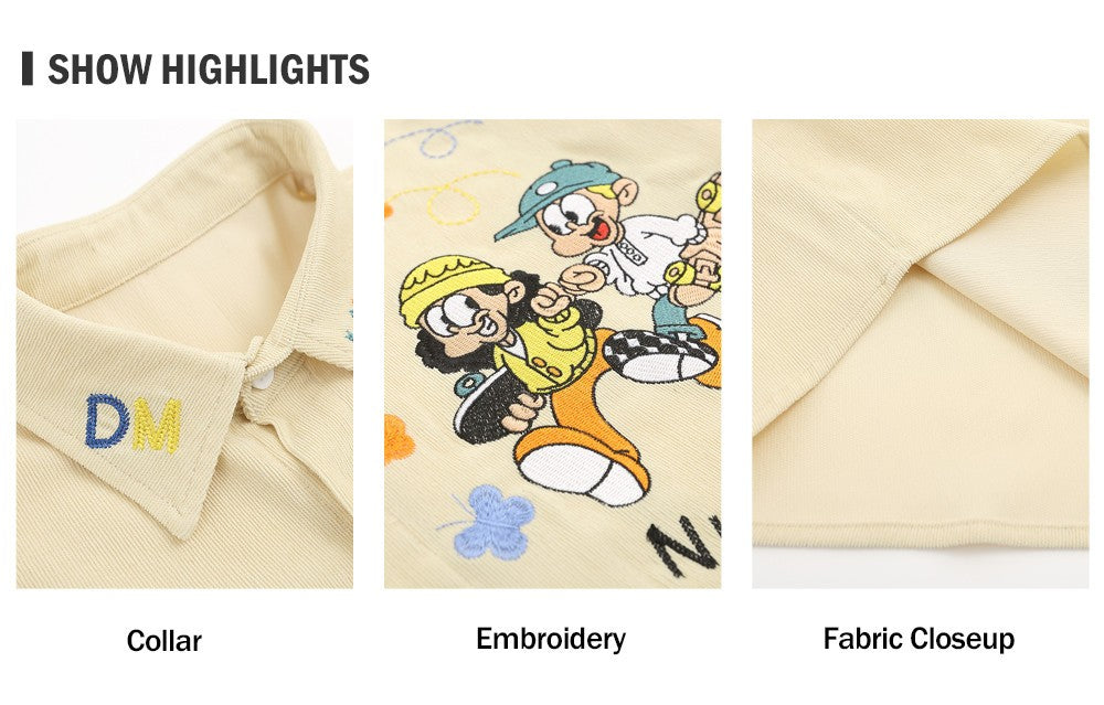 Cartoon Embroidery Cargo Shirts Mens Summer Retro Casual Streetwear Lapel Single Breasted Short Sleeve Shirts Men