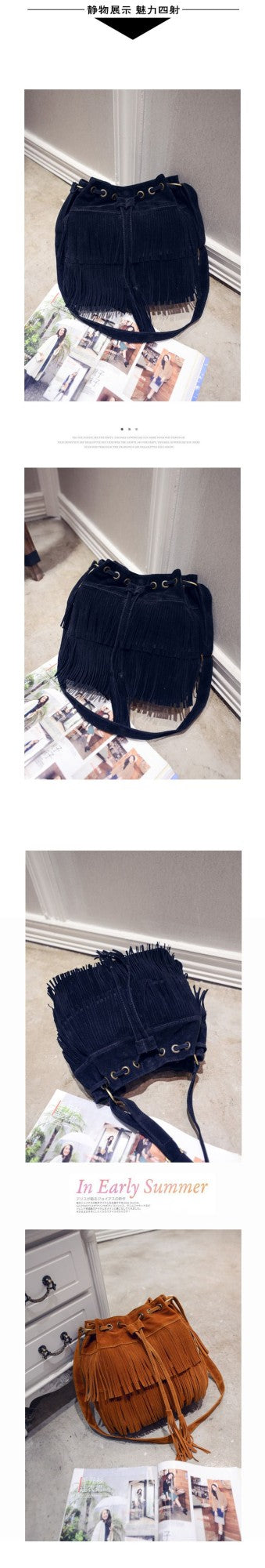 Fashion Retro Faux Suede Fringe Women Messenger Bags Tote New Handbag Tassel Shoulder Handbags Crossbody Bag Tassel Bucket