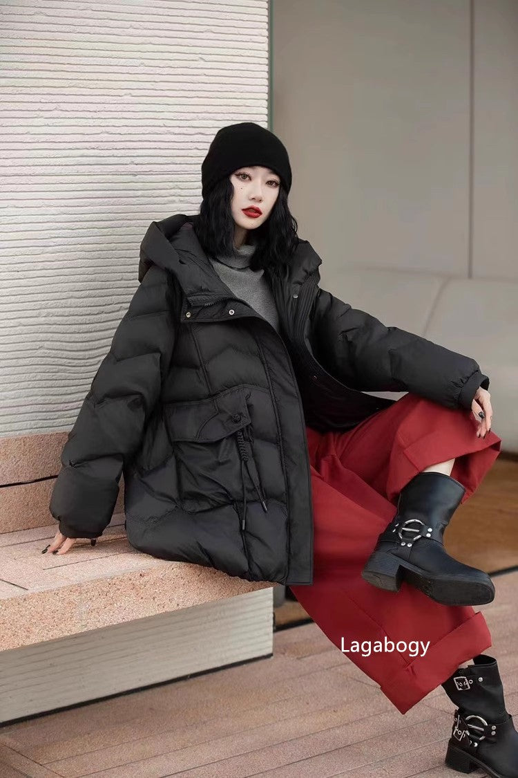 Lagabogy 2025 Women Autumn Winter Vintage Style Loose Casual Mid-Long Hooded Warm Puffer Coat Female 90% White Duck Down Jacket