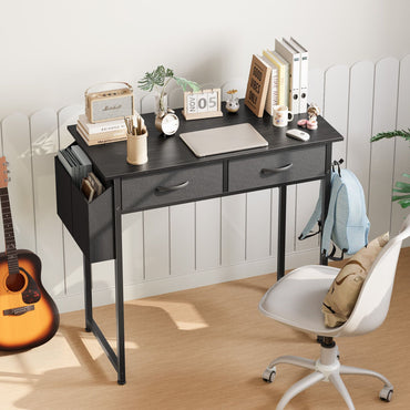 Mesa de computador moderna para escritório JHK 32 polegadas com gavetas de armazenamento de tecido, bolsa lateral, estrutura de metal e pés ajustáveis para mesa de PC doméstica