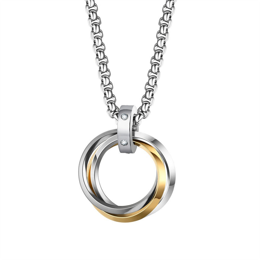 Colar Masculino Hip-hop Três Anéis Aço Titânio Não Desbota Simples Refinado Pequena Personalidade Marca Maré Vermelha Pingente