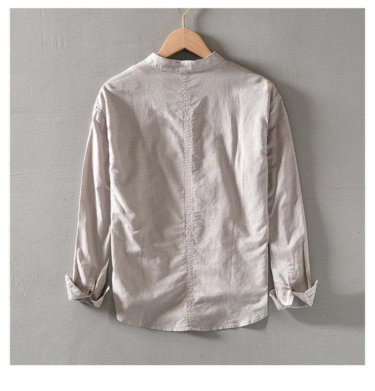 2024 Men's Linen Long-sleeved Shirt with Stand Collar, Youth Casual Loose Men's Cotton and Linen White Shirt.Beach Vacation Top