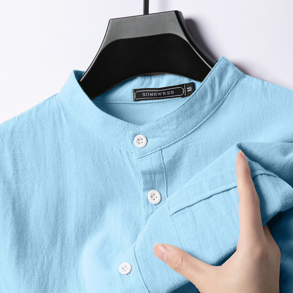 Summer Men's Stand Up Collar T Shirts Solid Color Short Sleeve Linen Shirt Trendy Breathable Loose Lightweight Basic Pocket Top