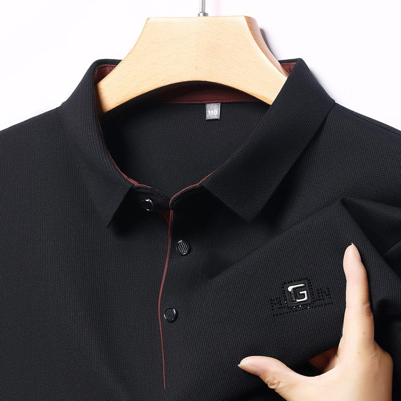 New Men's Business Casual Long Sleeved Shirt with Badge Solid Color Polo Shirt Fashionable Breathable Comfortable Versatile Top