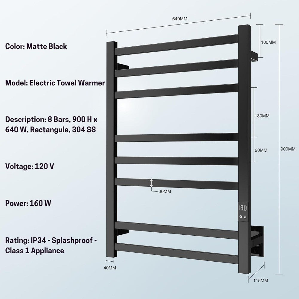 Matte Black 8-Bar Towel Warmer with Quick Heat, Auto Shut-Off and Hardwired or Plug-In Options - Perfect for Warming Towels