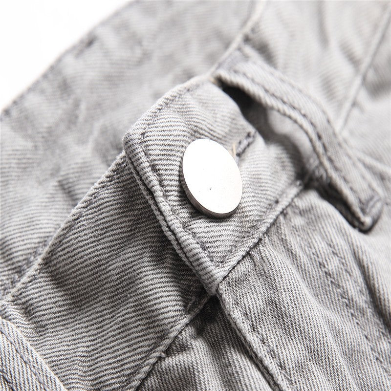 Mens Jeans Large-size Straight Light Gray Denim Trousers Spring and Autumn Full Length Male Pants Ripped Jeans