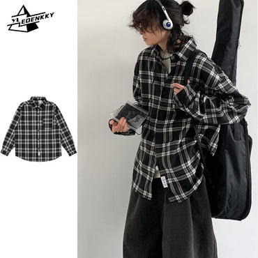 Japanese Cargo Shirt Men Women Vintage Black White Checkered Loose Long-sleeved Tops Spring Casual Lapel Unisex Oversize Shirts