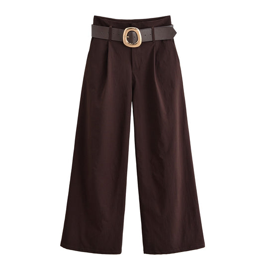 Tidalyf 2025 Women Vintage Brown Wide Leg Pants with Metal Belt High Waist Casual Trousers