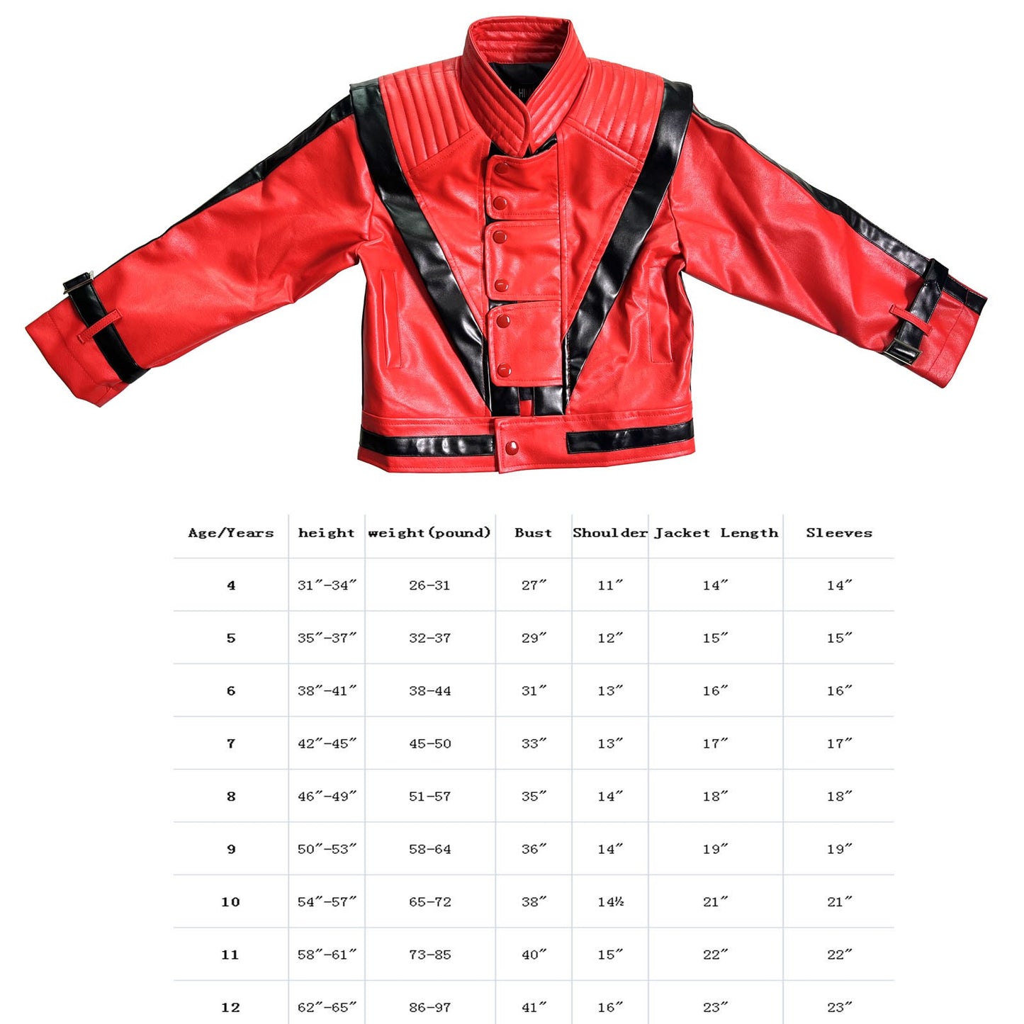 Michael Joseph Jackson Leather Red Thrilling Jacket, Suitable for 5-12 Year Boys Girls Kids ,Halloween Birthday Gift,