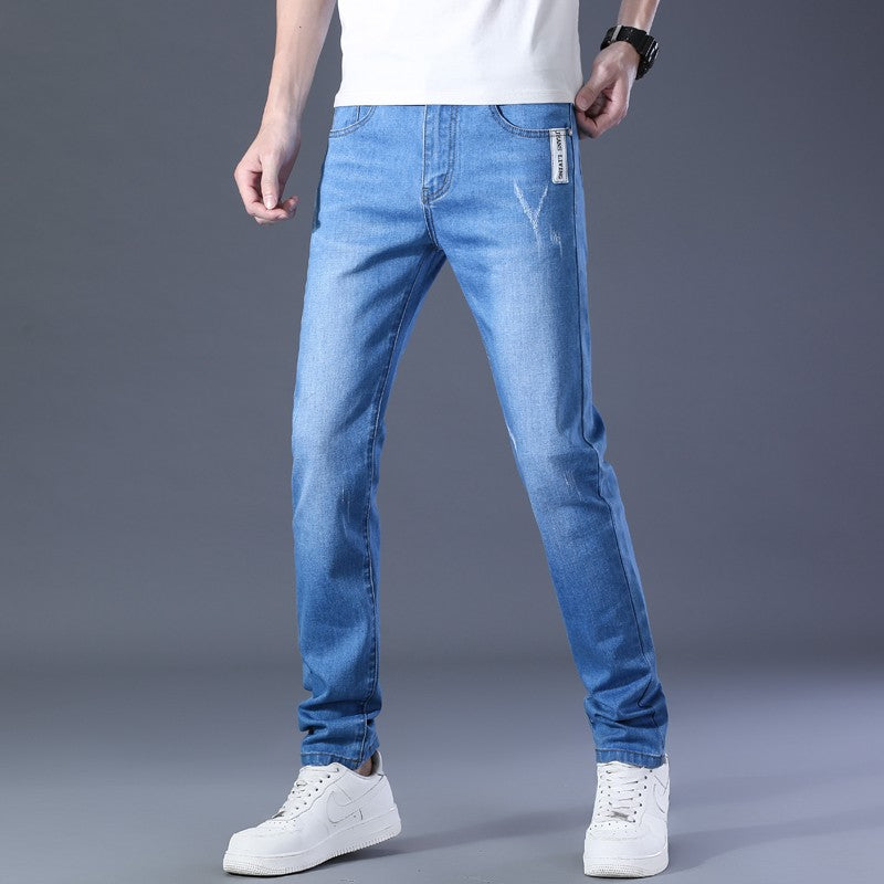 Men Winter Thermal Jeans Snow Warm Stretch Straight Jeans Man Fleece Denim Long Pants Cool Narrow Leg Slim Fit Blue Trousers