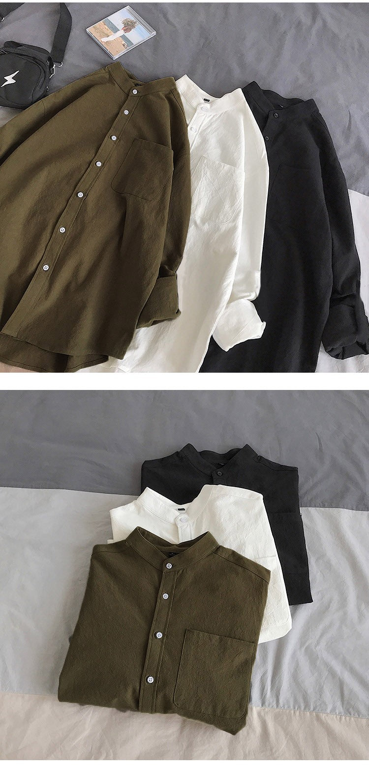 Simple Design Solid Colors Long Sleeve Shirts Korean Fashion Mandarin Collar 100% Cotton White Black Shirt Soft and Comfort