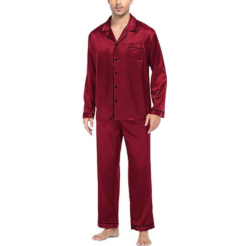 2PCS/Set Plus Size Solid Long-Sleeved Pyjamas Men Spring and Autumn Silk Sleepwear Homewear Cardigan Lapel Trousers Nightwear
