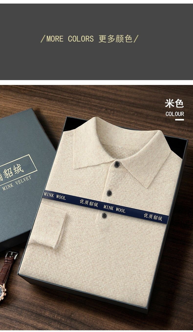 Autumn And Winter New Mink Cashmere Sweater Men's POLO Collar Thickened Loose Lapel Cashmere Long Sleeve Knit Bottoming Shirt