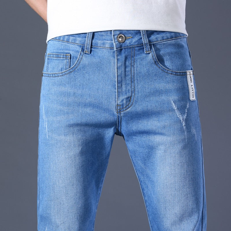 Men Winter Thermal Jeans Snow Warm Stretch Straight Jeans Man Fleece Denim Long Pants Cool Narrow Leg Slim Fit Blue Trousers