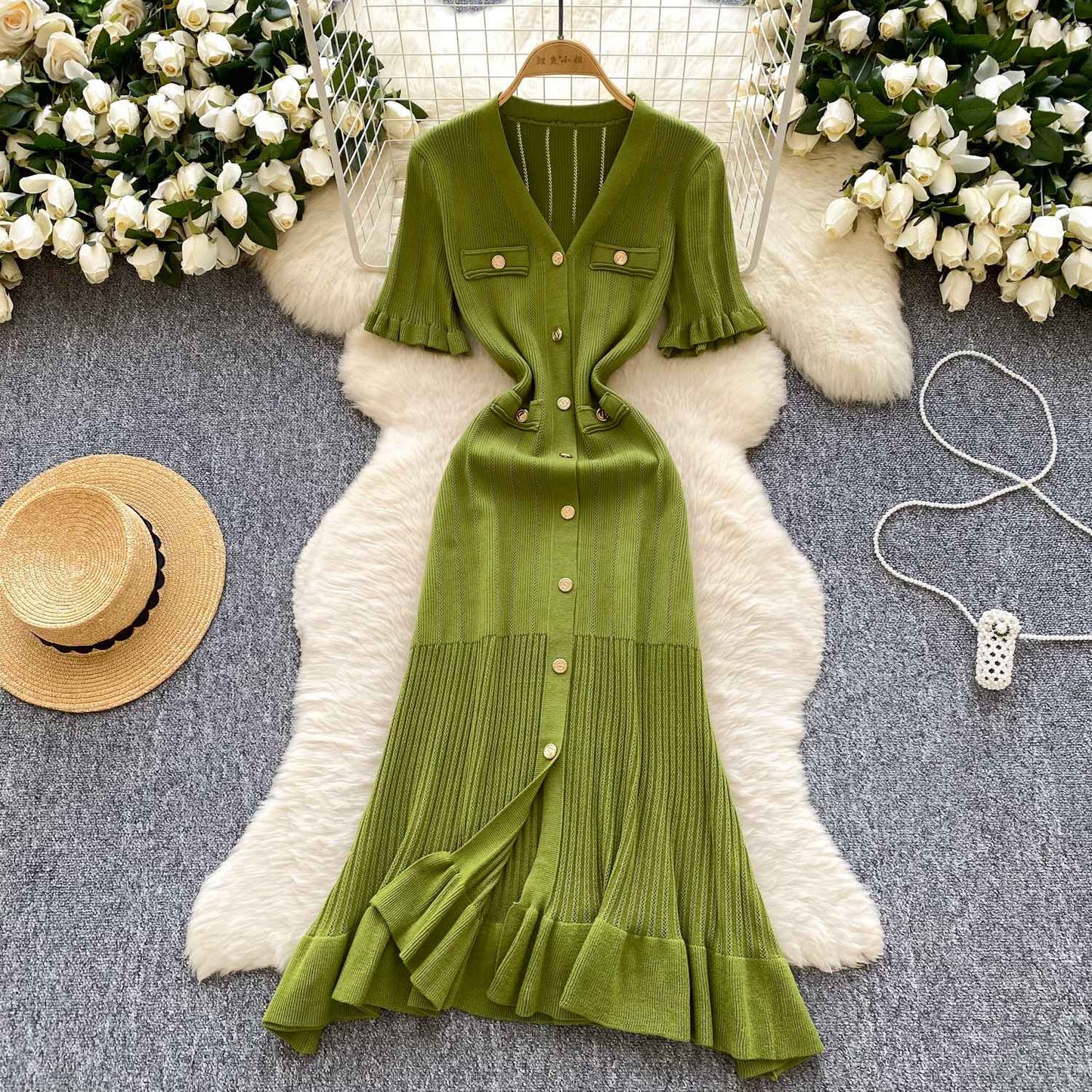 SINGREINY Summer OL Knit Dress 2025 Women V Neck Button Design Slim Mermaid Sund