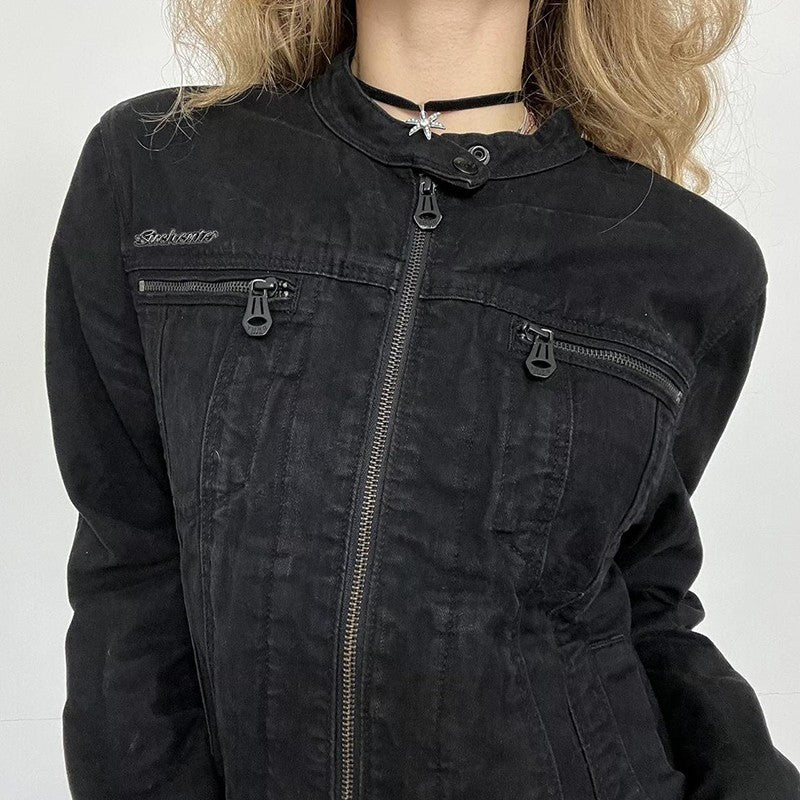 Rockmore Streetwear Double Zipper Denim Jackets Solid Casual Vintage Long Sleeve Outerwear Harajuku Cargo Style Women's Coats