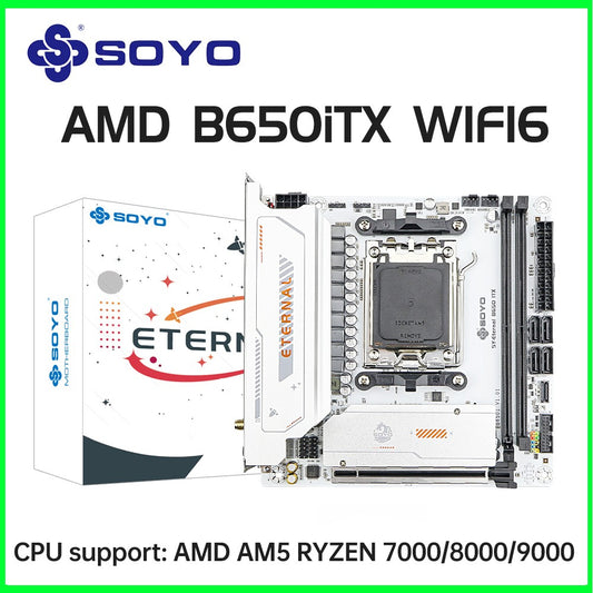 Placa-Mãe Mini SOYO B650ITX AMD AMD Ryzen AM5 DDR5 Suporta Processadores CPU 7000 8000 9000 Pcie5.0x16 Pcie4.0x4 M.2 ARGB WIFI6