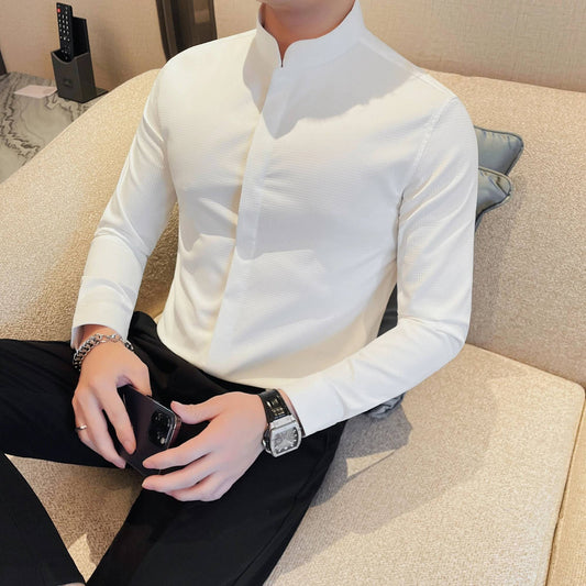Men Standing Collar Shirt Long Sleeved 2024 Autumn British Style Solid Casual Hidden Button Elastic Slim Fit Formal Dress Shirt