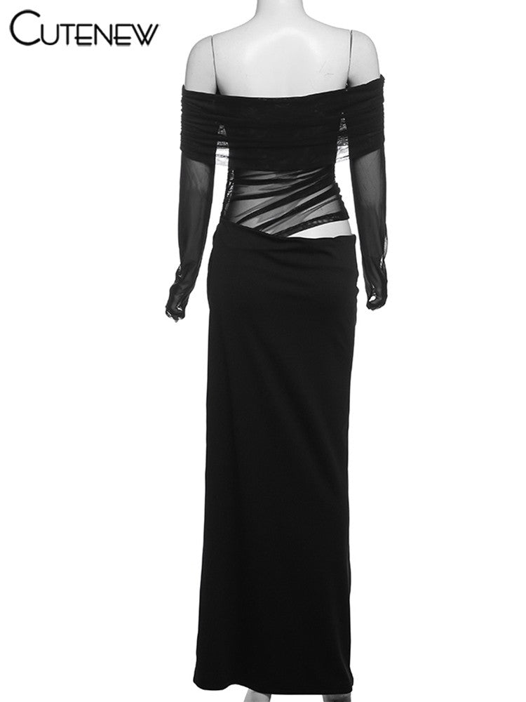 Cutenew Mesh Ruched Women Maxi Dress Sexy See Through Off Shoulder Long Sleeve S