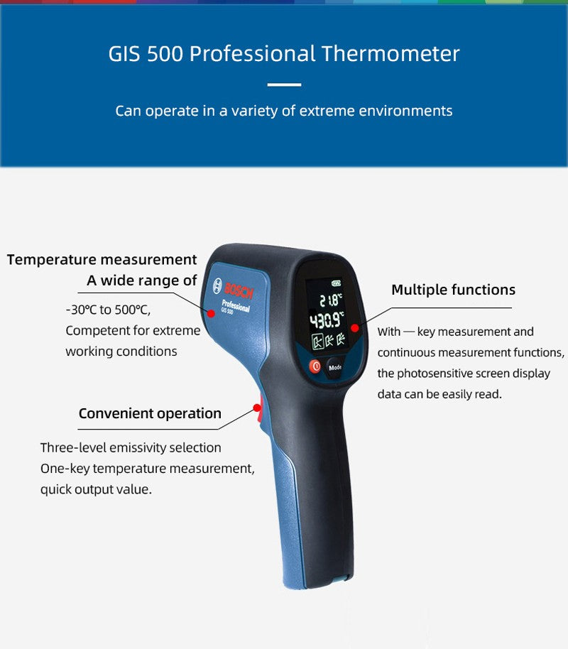 Detector de Temperatura por Infravermelho Bosch GIS500 -30°C~+500°C Termômetro Digital a Laser de Alta Precisão Medição Contínua