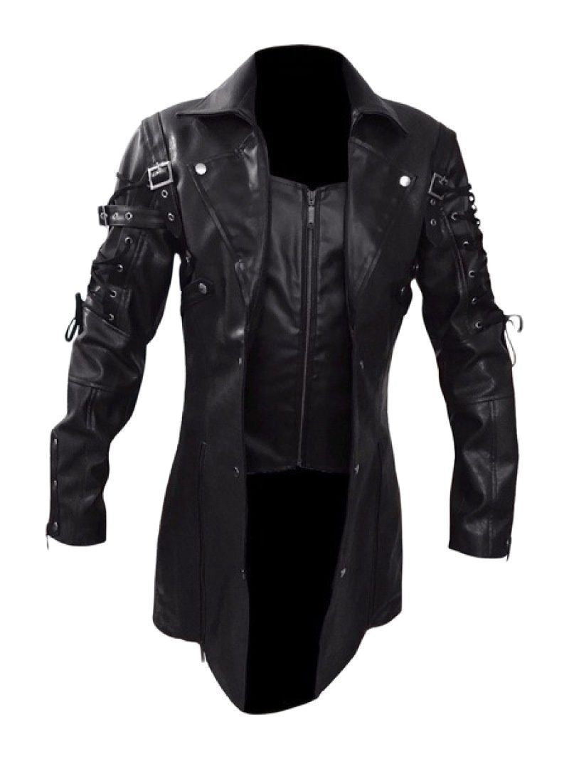 Fashion Black Pu Leather Trench Coat Men Winter Gothic Steampunk Leather Motorcycle Jacket Male Outwear EU Size XXXXXL