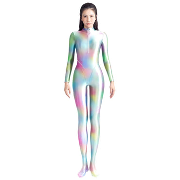 AMORESY Satin Glossy tights colourful Glossy bodysuit Silk Smooth Long sleeved zipper full body suit