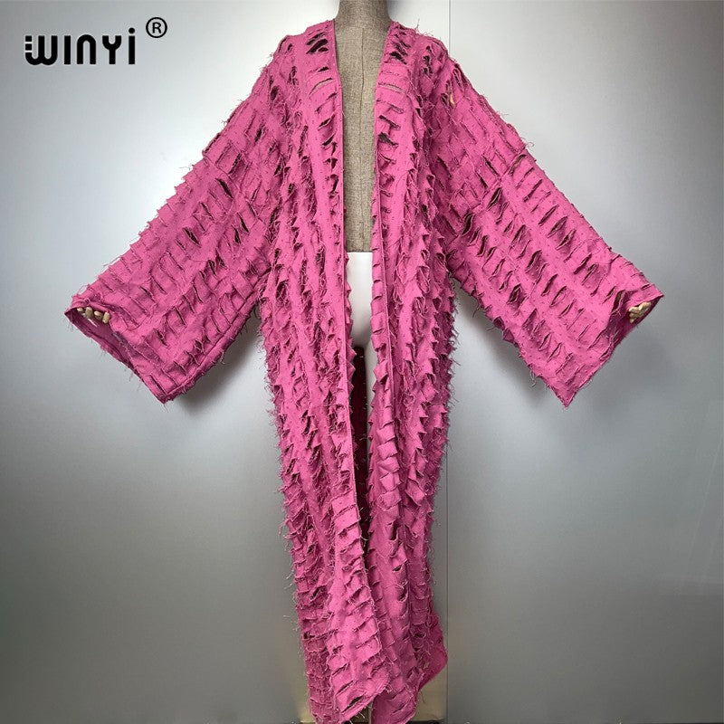 WINYI new maxi kimono coat for women OverCoat hole denim cardigan long down coat cover up beach outfits woman abaya dubai luxury