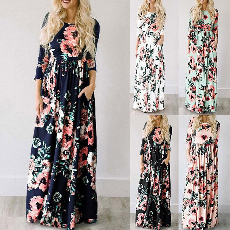 Women Summer Floral Print Maxi 2025 Loose White Boho Beach Dress Women Vintage