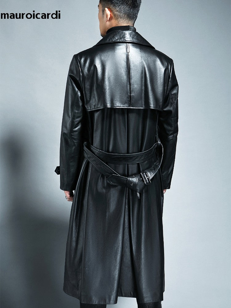 Mauroicardi Spring Autumn Long Cool Waterproof Black Pu Leather Trench Coat Men Double Breasted Plus Size Outerwear 4xl 5xl 2022