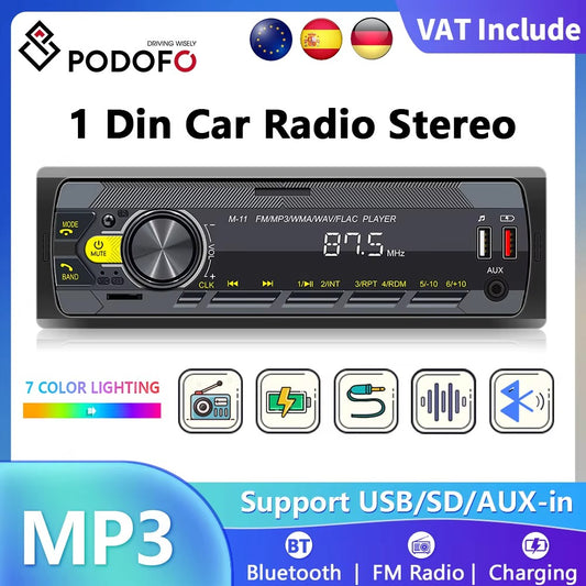 Podofo Car Audio Radio 1 Din MP3 Car Stereo Bluetooth FM AUX In USB Colorful Buttons APP Remote Control Car Multimedia Player