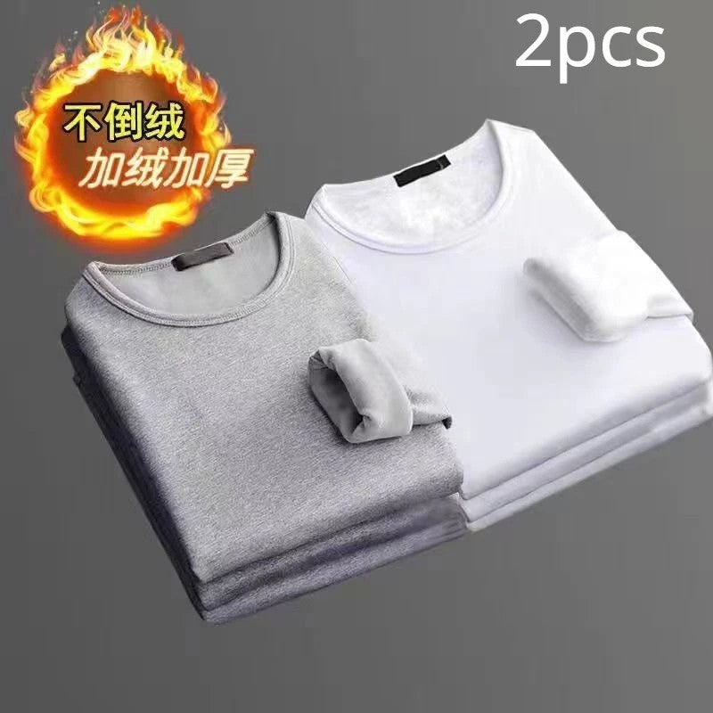2PCS Men's Underwear Winter Long-sleeved Thermal Underwear Plus Velvet Padded T-shirt O-Neck Solid Color Slim Bottoming Shirt