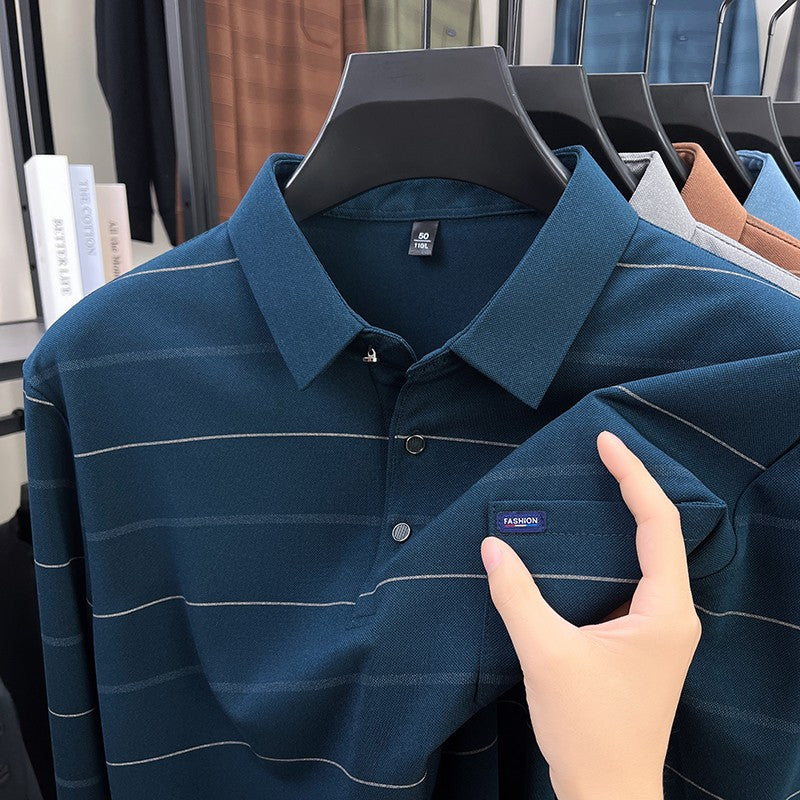 2025 long sleeved men's spring and autumn collar striped pullover top with loose pockets polo shirt