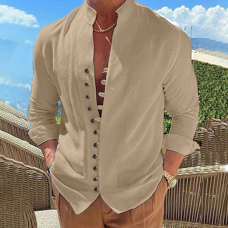 Men Business Workwear Blouse Shirts Autumn Spring Male Vintage Cotton Linen Blouse Tops LRFZ-776