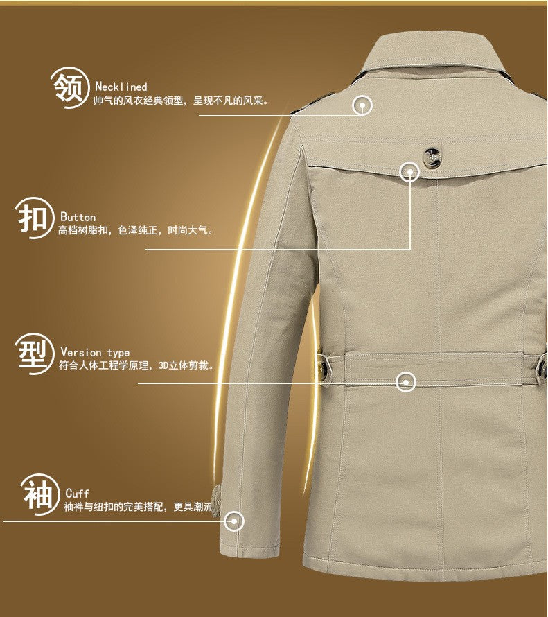 Men's Spring and Autumn New Fashion Casual Cotton Trench Coat, Solid Color Lapel Single-breasted Mid-long Splicing Trench Coat