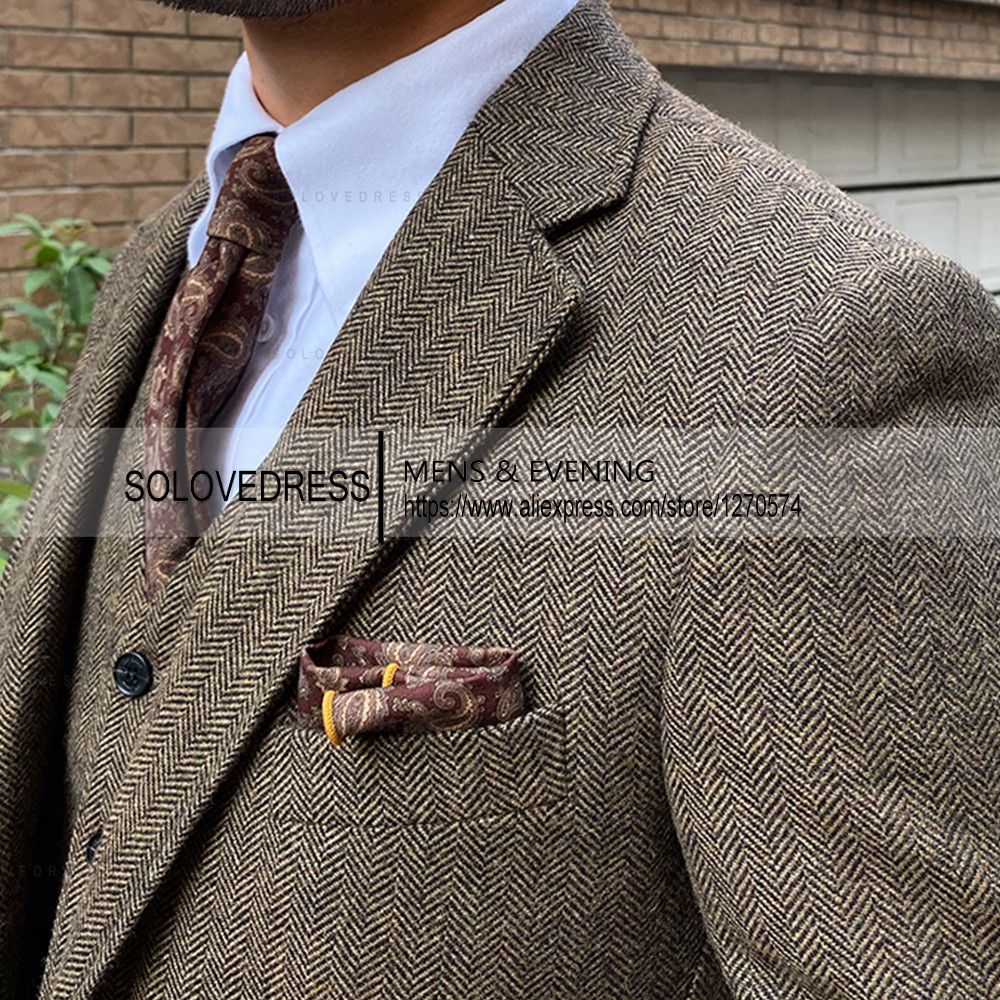 3 Pieces Men's Suits Tweed Herringbone Slim Fit Business Cauasl Waistcoat Jacket Groomsmen Wedding Suits?Blazer+vest+Pants?