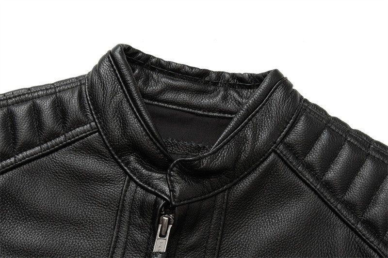 Men's Natural Leather Jacket First Layer Calfskin Stand Collar Motorcycle Jacket Retro Brown Cowhide Jacket Men‘s Biker Clothes