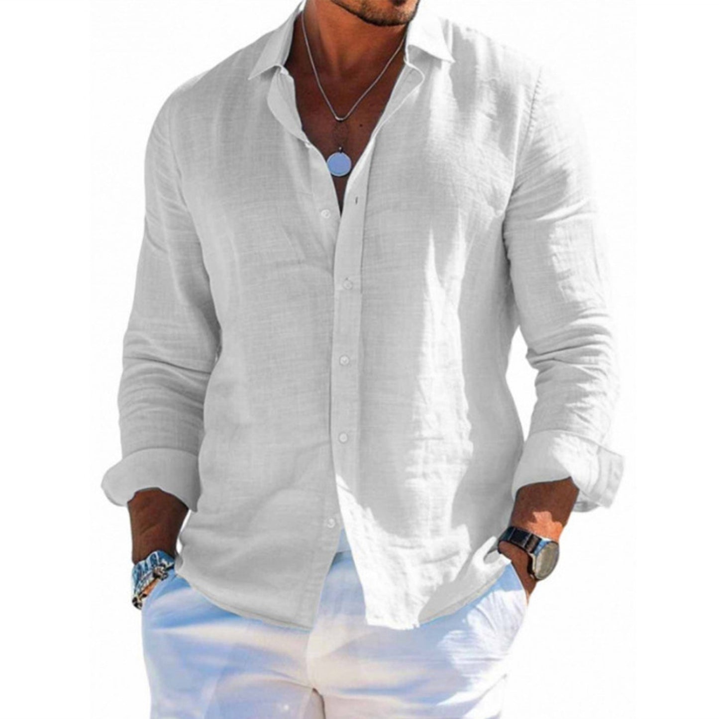Men's tops long sleeve new style shirt cotton linen cool solid color loose lapel casual beach style cardigan spring and summer