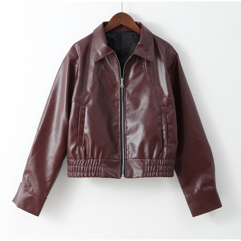 Full Sleeve Cropped Women Casual Slim Thin Motorcycle Coat Chic Zipper Lapel Wine Red Leather Jacket Lady New Highstreet Outwear