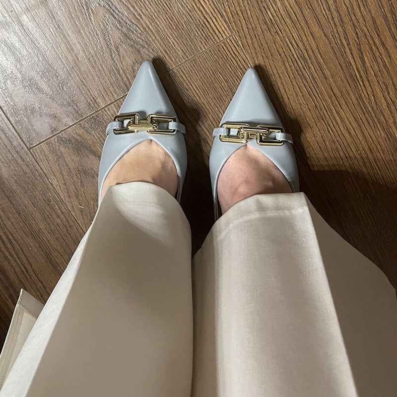 Women 7cm High Heels Pumps Lady Scarpins Fetish Nightclub Blue Nude Low Heels Wedding Party Metal Chain Buckle Fetish Prom Shoes