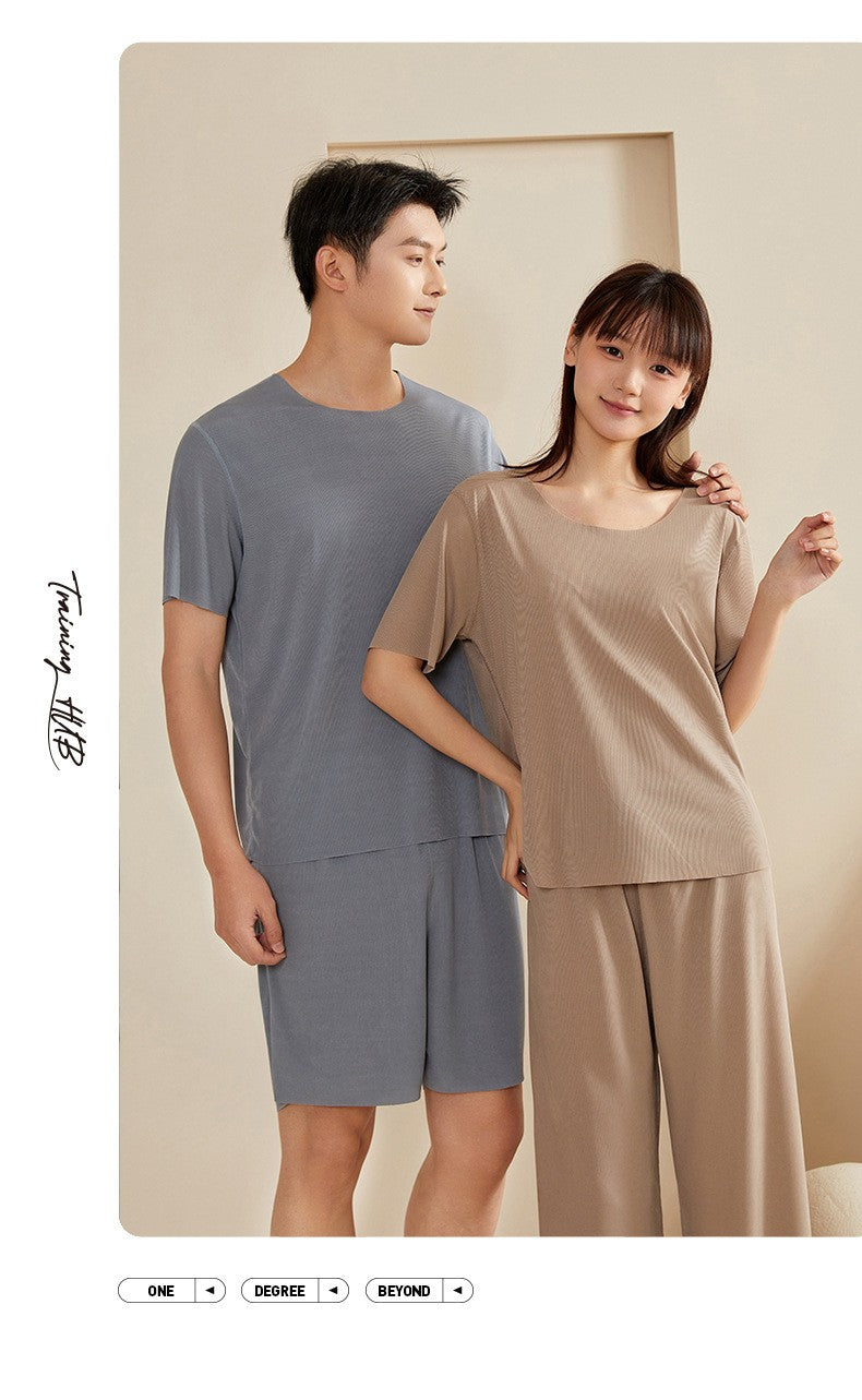 Super Thin Pajamas Suit Women Men Summer Ice Silk Cool Short-sleeved O-Neck Sleepwear Male Female Classic Simple Loungewear Suit