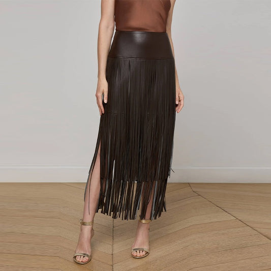 Tassel Leather Midi Skirt Women Solid High Street High-waist A-line Bodycon Long Skirts Spring Summer 2026 Chic All-match Outfit