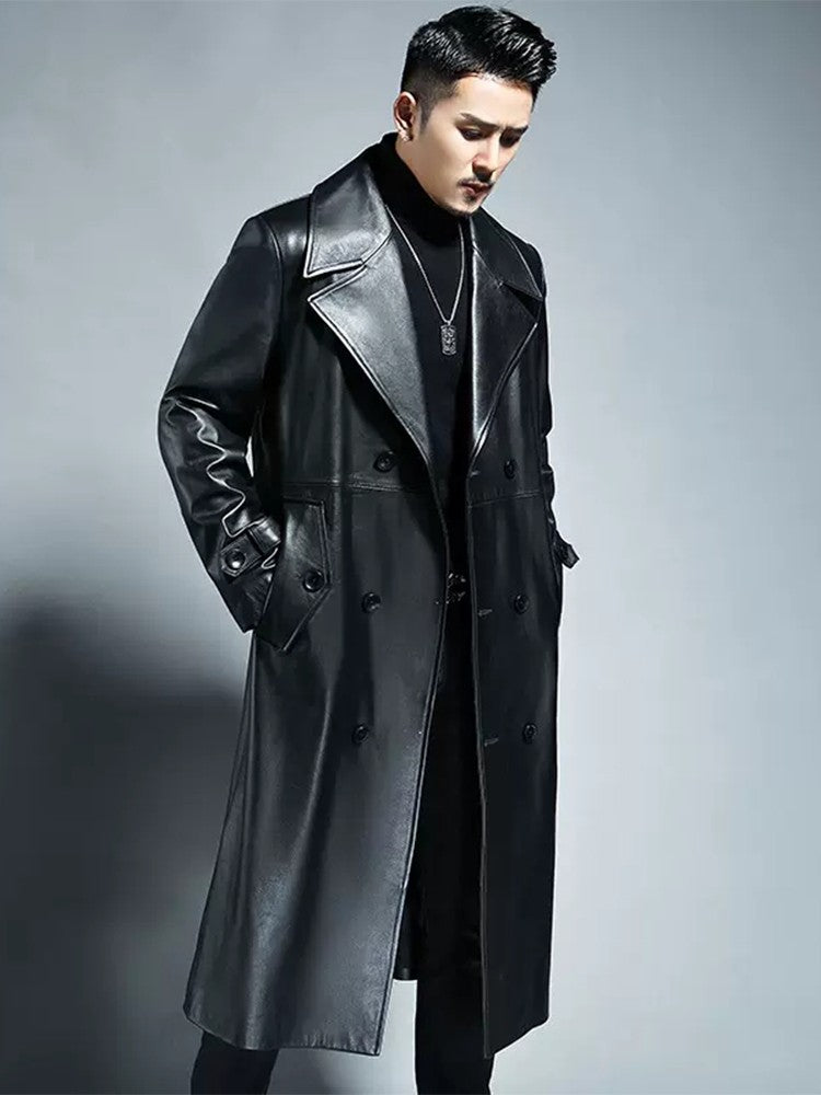 Mauroicardi Spring Autumn Long Cool Waterproof Black Pu Leather Trench Coat Men Double Breasted Plus Size Outerwear 4xl 5xl 2022