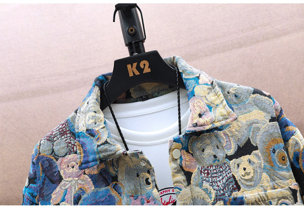 Men Teddy Bear 3/4 Sleeve Jacket Fashion Animal Pattern Coat Jacquard Woven Top Outerwear