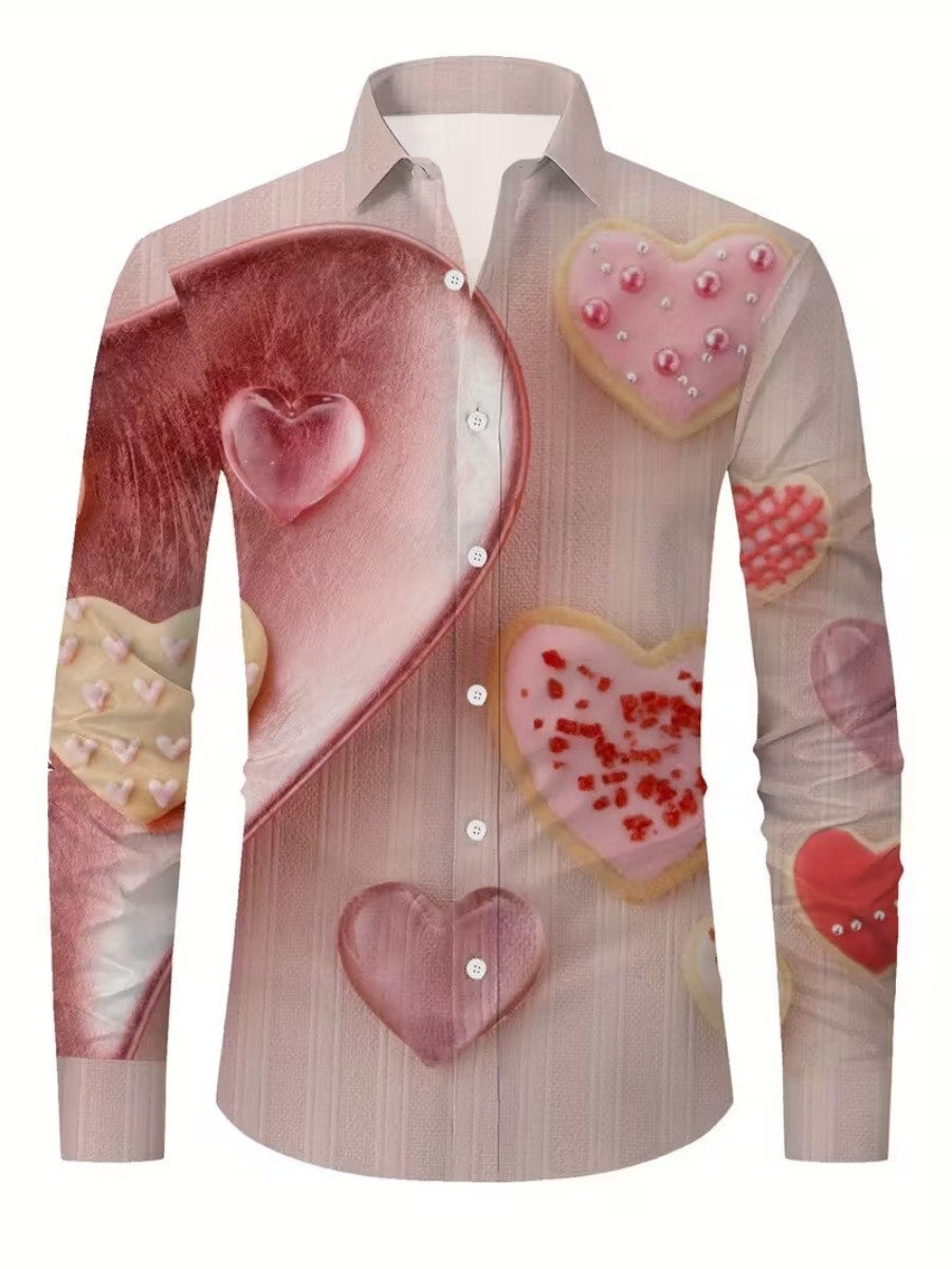 New men's long-sleeved heart-pattern single-button shirt - suitable for formal parties, dates, daily wear. Quick delivery.