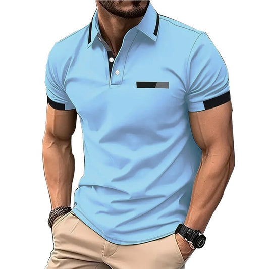 Men Summer New Fashion Short Sleeve Sport Lapel Casual Button Polo Shirt .