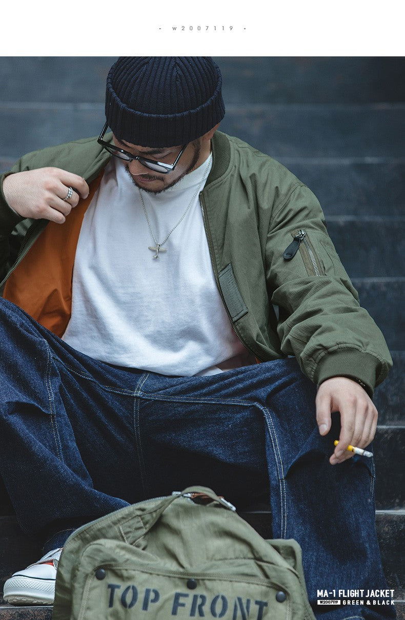 Maden Retro MA1 Bomber Flight Jackets Green Windproof Pilot Jacket Casual Motorcycle Baseball Coat for Men's Spring and Autumn