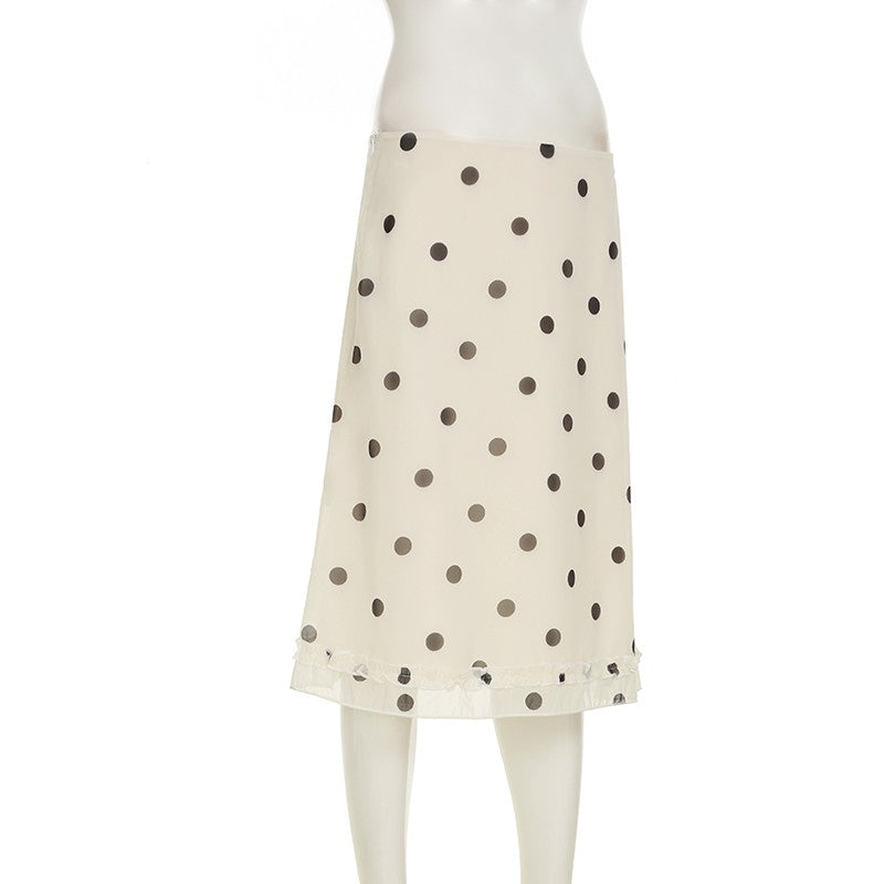 BIIKPIIK Casual Women Polka Dot Skirts Lettuce Trim Beige Elegant Midi Skirts St